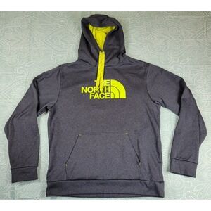 The North Face Mens M Gray Neon Yellow‎ Logo Hoodie Fleece Pullover Drawstring